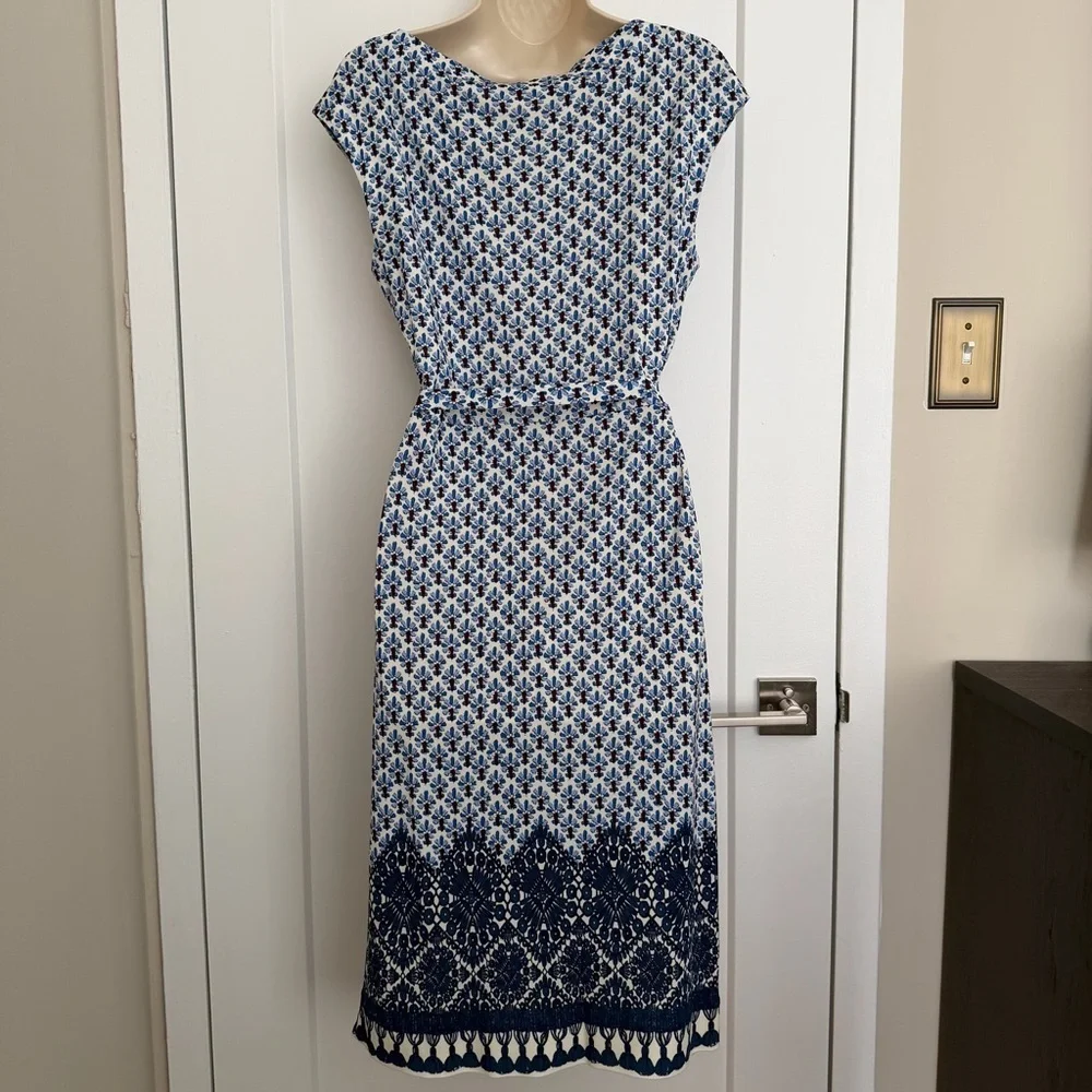 Tory Burch - Jamie Cap Sleeve Belted Sheath Dress - Blue and White